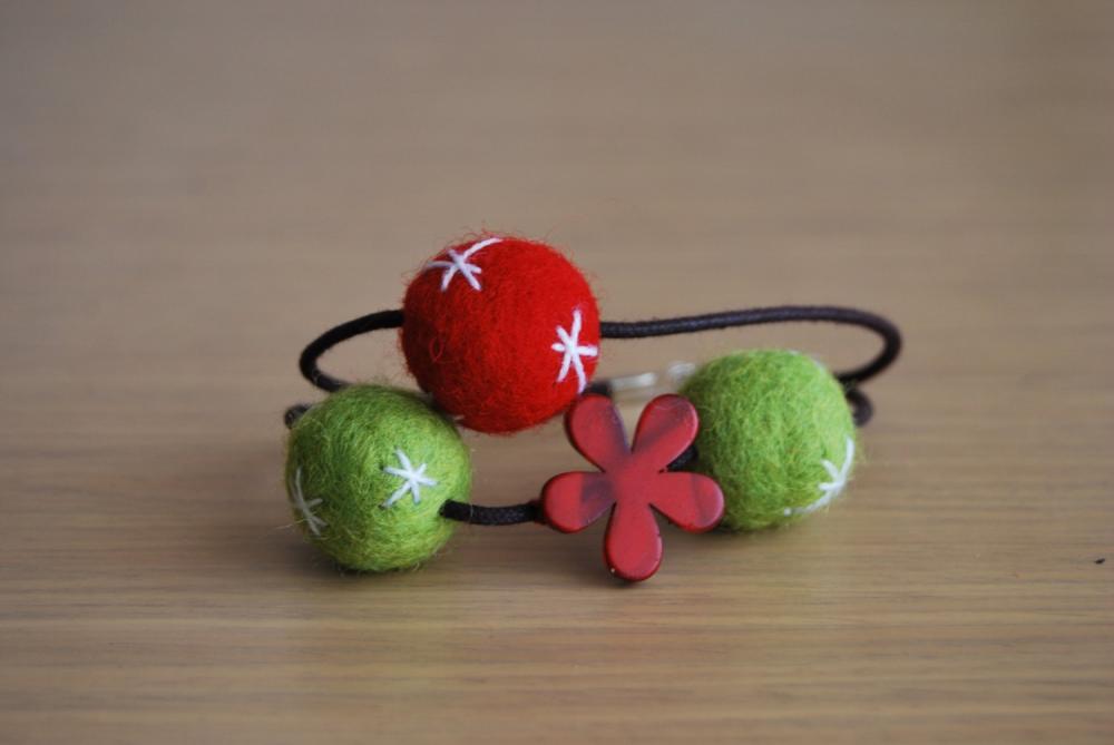 Felt Double Bracelet In Red And Green With A Red Flower Choose Between The Two Bracelets By El Rincón De La Pulga
